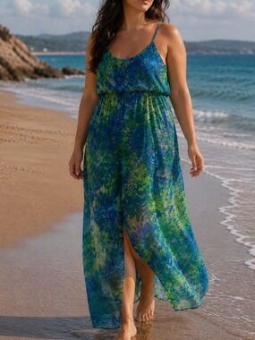 Vintage 90s Sheer Maxi Dress Sz L Green Blue Beachy Boho Sexy JLO Swim Cover EUC